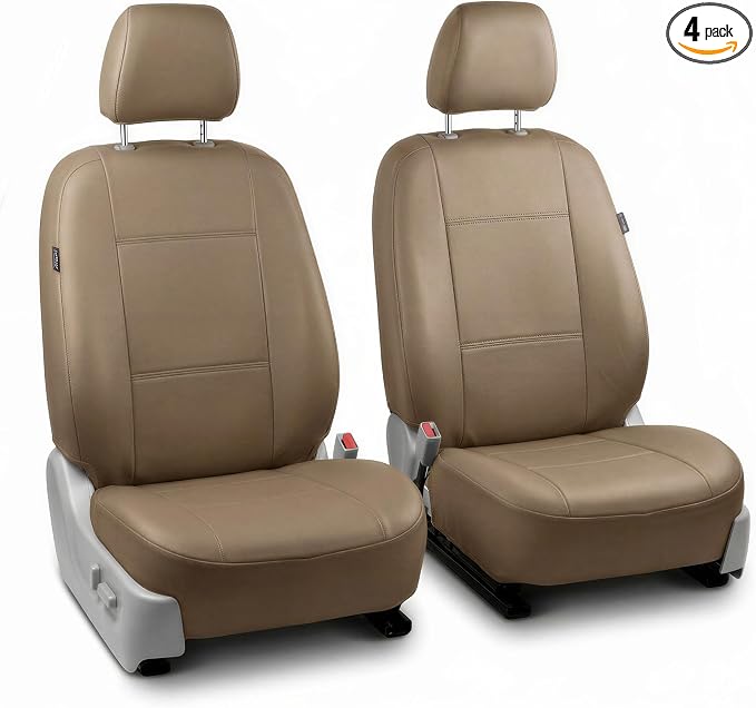 FH Group Car Seat Covers PU Leather Automotive Seat Covers Front Set, Tan Seat Covers Pair Set with Gift Universal Fit Interior Accessories for Cars Trucks and SUVs