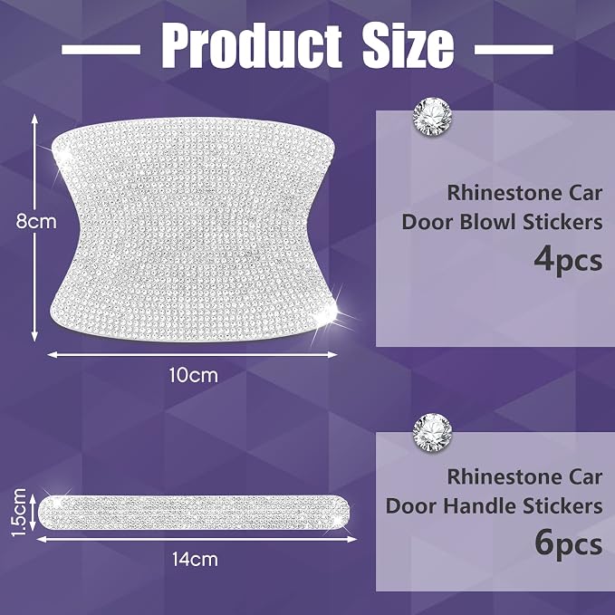 Frienda 10 Pieces Bling Car Accessories for Women Bling Car Door Handle Protector Door Handle Covers for Car Rhinestone Car Bowl Protector Accessories Women Stickers(Silver)