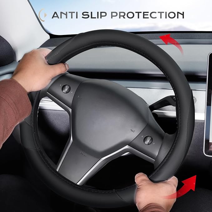 Coverado Car Steering Wheel Cover, Nappa Leather Black Steering Wheel Covers for Women, Universal 14-15 inch, Anti-Slip, Breathable Steering Wheel Protector