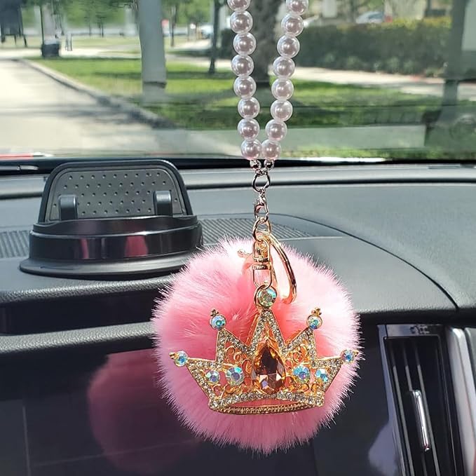 Pink Bling Car Accessories for Women Furry Pom Pom Crown with Pearl Chain Car Mirror Hanging Accessories for Women