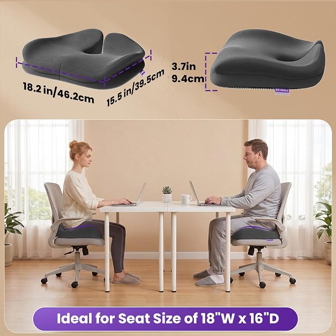 ZZ-WELL Seat Cushions for Office Chairs, Patented Pressure Relief Coccyx Cushion for Tailbone Pain, Memory Foam Butt Pillows for Wheelchair Car Sitting, Carrying Handle, Non-Slip (Grey, Large)