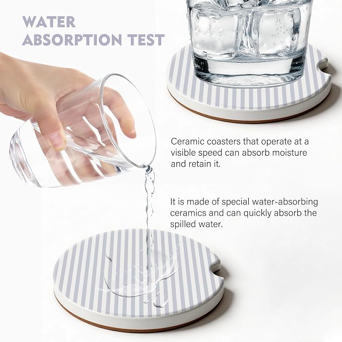 2 Pack Car Coasters for Cup Holders, Absorbent Ceramic Cup Coaster with Cork Base and Finger Notch, Cute Car Accessories Interior for Women Men (Gray Stripes)
