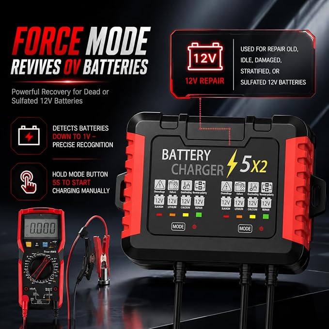 12V 2-Bank Onboard Battery Charger, 10A 5A Per Channel IP68 Waterproof Charger, 6-Stage Trickle Charger with Battery Maintainer & Desulfator for AGM Lithium Calcium Battery for Car RV Boat