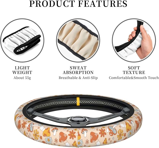 Hippie Mushroom Groovy 70s 80s Flower Steering Wheel Cover For Women Men Girls Car Accessories Decor Anti-Slip Neoprene Auto Steering Wheel Covers Protector Universal 15 Inch