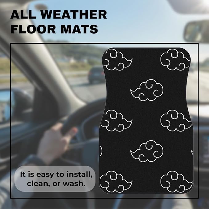 Anime Car Carpet Mat Set of 2 Front, Black Cloud Design Automotive Accessories Interior All Weather Floor Mats Decor with Non Slip Black Anti Skid Backing