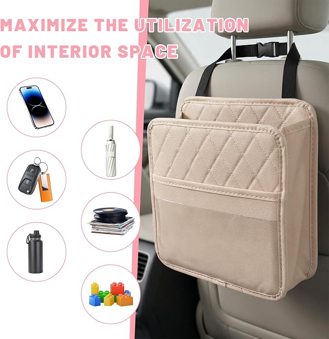 Car Seat Back Organizer, Waterproof Leather Auto Backseat Storage Pocket for Travel Essentials, Universal Multipurpose Backseat Hanging Storage Bag for Cars SUVs Trucks (Beige)