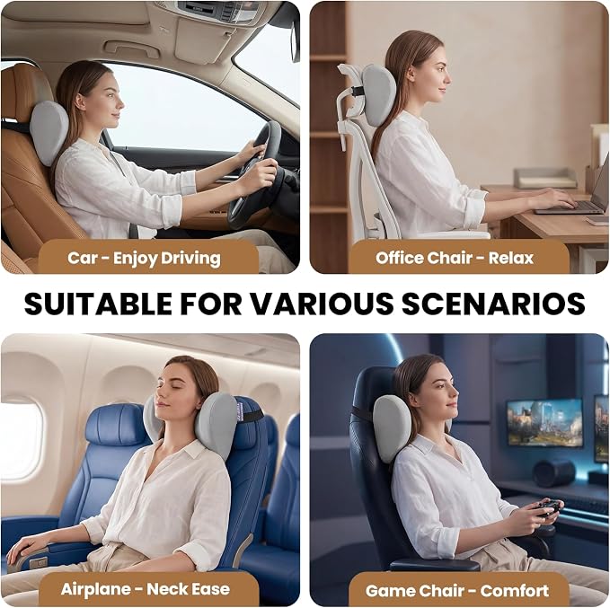 ZZ-WELL Car Headrest Pillow, Car Neck Pillow for Neck Pain Relief with Adjustable Strap, Memory Foam & Breathable Removable Cover, Travel Car Neck Pillow for Pain Relief While Driving (Grey, 1Pack)