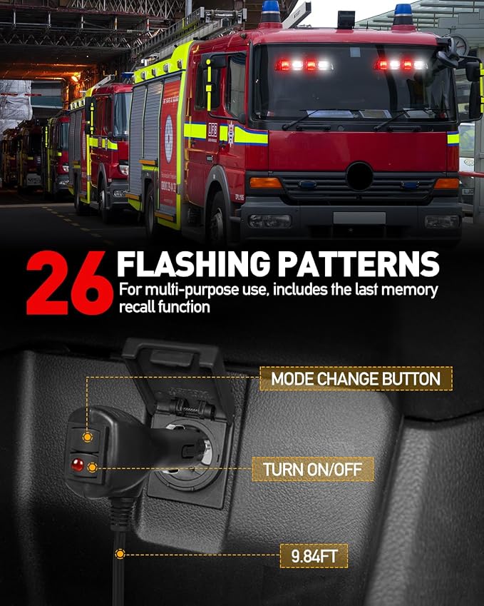 HLauto 2002L Emergency Dash Strobe Lights: Red White Safety Lights, Flashing Warning Hazard Windshield Visor Traffic Light Bars for Trucks, Construction Vehicles (2x8.5 inch, 48LED)