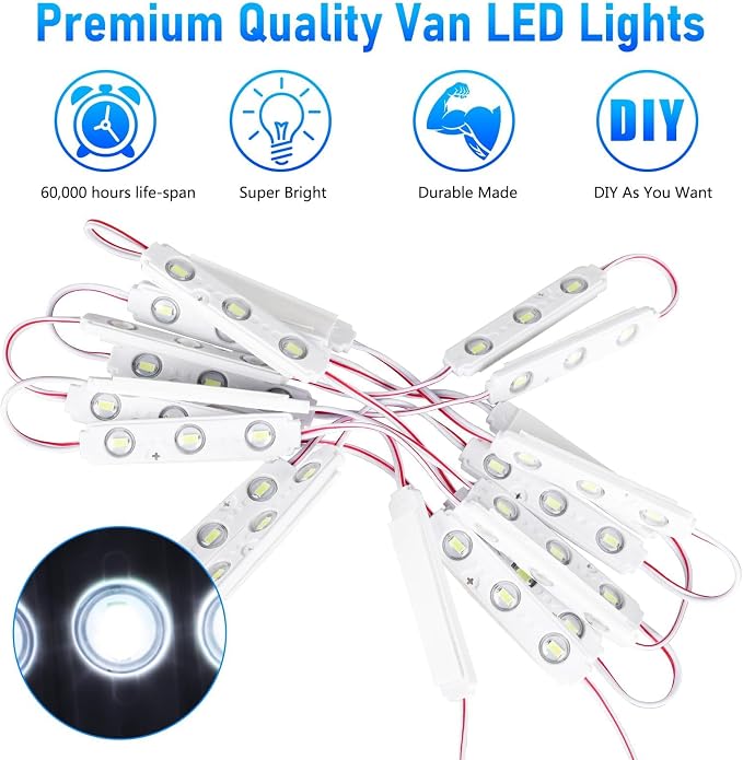 Linkstyle 12V LED Van Interior Light Kit, Cargo Work Light, 60 LEDs Lamp | 20 Modules 12V LED Light Strip, Plug and Play, Cuttable Wiring, 16.4 Ft Extension Wire, for Car Van Rv Trailer Truck Boat Bus