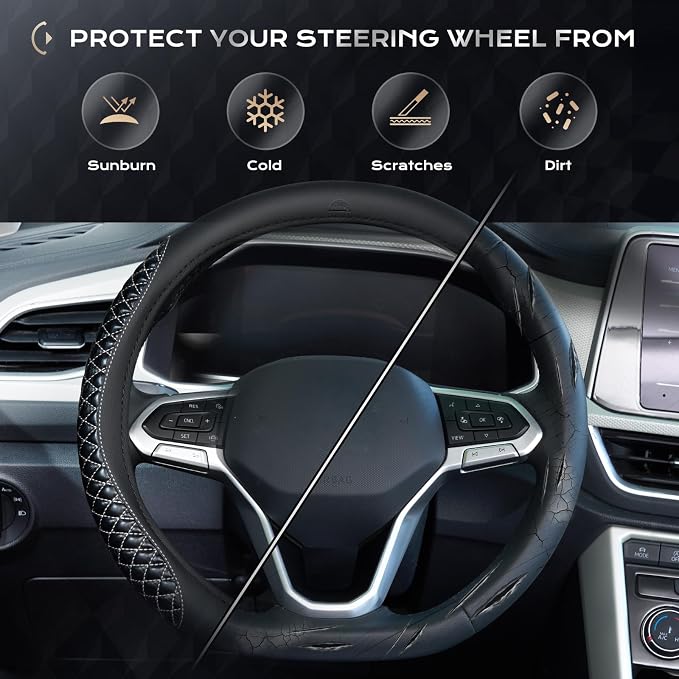 Coverado Car Steering Wheel Cover, Nappa Leather Black & Grayline Steering Wheel Covers, Universal 14-15 inch, Anti-Slip, Breathable Steering Wheel Protector for Women Men
