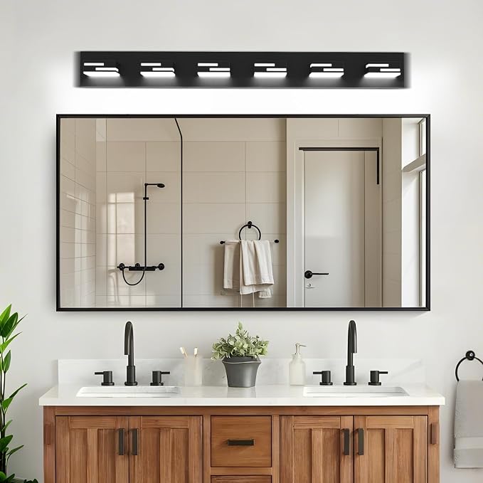 LED Modern Bathroom Vanity Light Fixtures, Dimmable Matte Black Vanity Lights for Bathroom Lighting Fixtures Over Mirror, with 360° Rotatable Acrylic Heads 6-Light 42-inch 5CCT