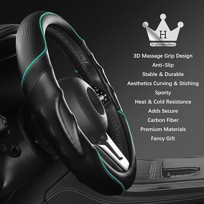 HighnessHwoo 3D Car Steering Wheel Cover Comfort Grip Massage Sporty Anti-Slip Carbon Fiber Faux Leather for F150, Trucks, Jeep, Van, Car Handle Covers for All Seasons, 15.2-16in, Green