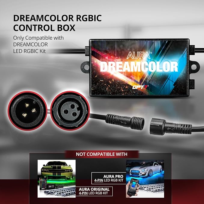 OPT7 Aura DreamColor Underglow Chasing Light Kit with APP & Remote Control | Rainbow Light Effects, RGB-IC LED Strips, 12V Neon Accent Lighting, Waterproof Exterior Underbody Accessories, Universal Fit