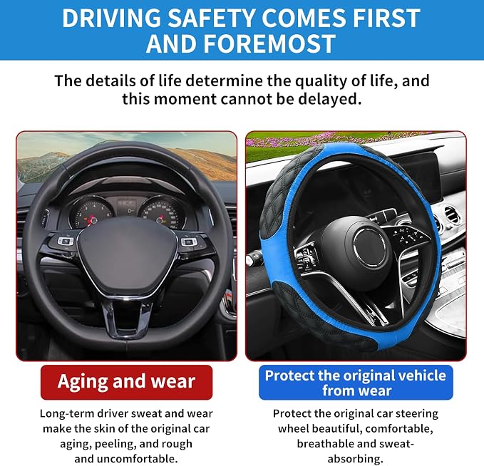 15 Inch Leather Steering Wheel Cover, Automotive Accessories Breathable Anti-Slip Elastic Soft Wheel Protector, Fit for Most SUVs Trucks and RVs (Blue)
