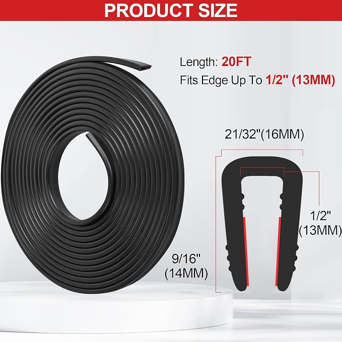 ToLanbbt Rubber Edge Trim U Channel, 1/2" Self Adhesive Sheet Metal Edge Guard Protector, EPDM Seal Strip for Car Doors, Steel Plates, Glass, Hatches, Table Corners, Fit 1/2"(13mm), 20Ft, Black