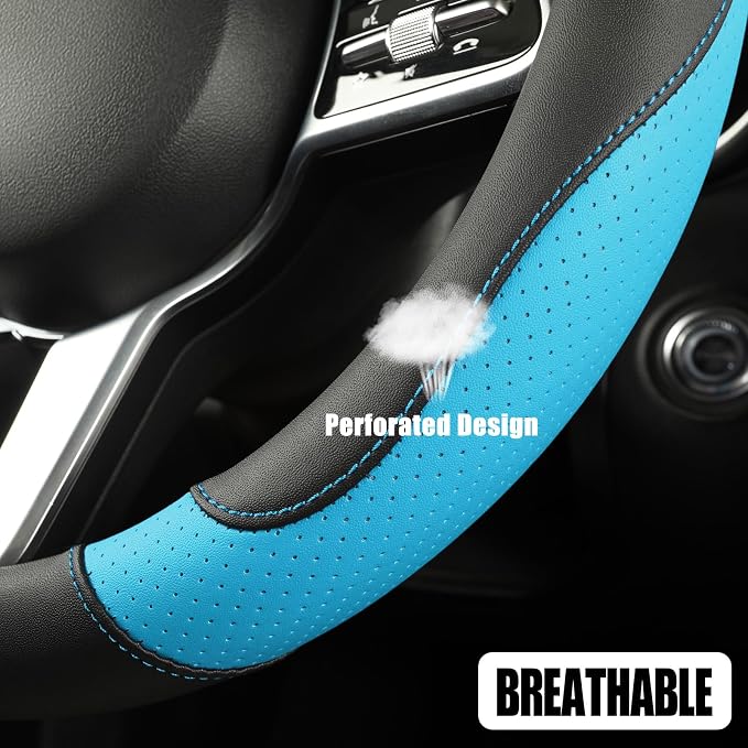 Black Blue Microfiber Leather Steering Wheel Cover 15 inch | Breathable Anti Slip Grip Cool Sporty Look Glow for Women Men