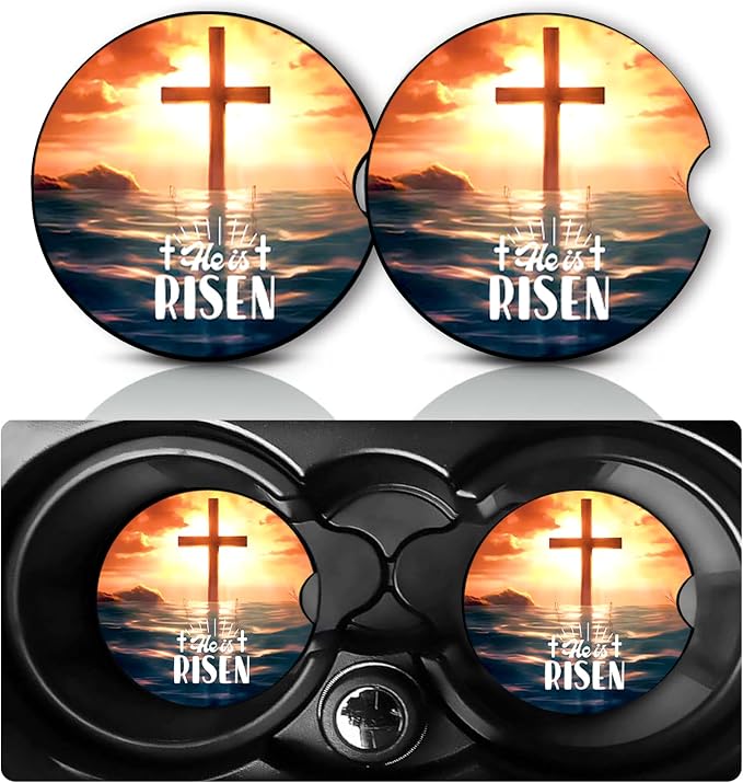 2 Pack Bible Cross Risen Car Cup Holder Coasters Neoprene Anti Slip Mat | Christian Car Accessories Interior Decor 2.75" Universal Size Insert Auto Coasters Religious Gifts for Women Men