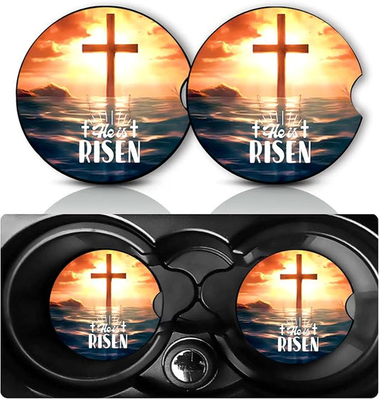 2 Pack Bible Cross Risen Car Cup Holder Coasters Neoprene Anti Slip Mat | Christian Car Accessories Interior Decor 2.75" Universal Size Insert Auto Coasters Religious Gifts for Women Men