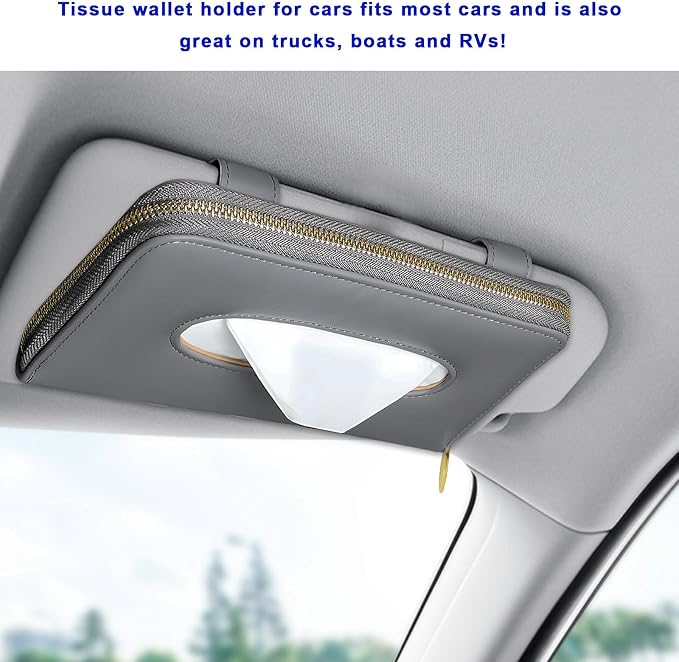 Car Tissue Holder, PU Leather Auto Sun Visor Tissue Case Napkin Holder with Zipper, Rectangular Mask Dispenser Hanging Paper Towel Organizer for Cars SUVs Trucks RVs (Gray)