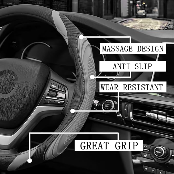 Osilly 15 Inch Car Leather Steering Wheel Cover, Automotive Accessories Elastic Breathable Anti-Slip Soft Wheel Protector Fits Men and Women, Suitable for SUVs, Trucks, Vehicles and RVs (Gray)