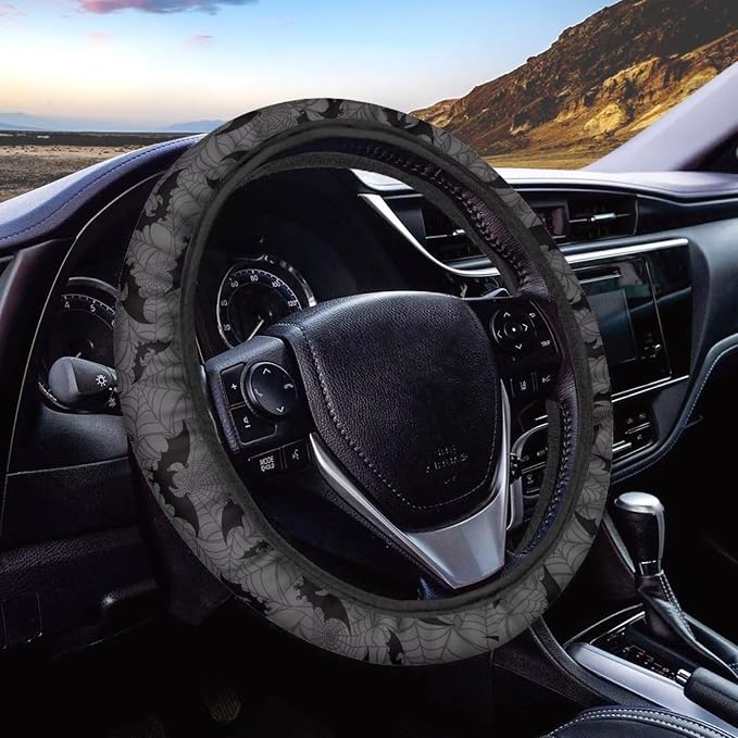 Wanyint Bat Spider Web Gray Car Steering Wheel Cover for Women Men, 15 Inch Soft Neoprene Stretchy Anti-Slip Washable Halloween Car Accessories Universal Fit for Sedans SUV