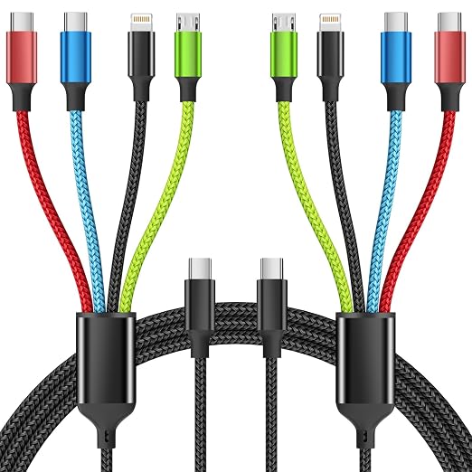 USB C Multi Charging Cable, 4 in 1 Charging Cords with Dual USB C Ports | USB C Input with IP, Dual USB C & Micro Ports, Nylon Braided Phone Charger for Multiple Devices, Travel Essentials