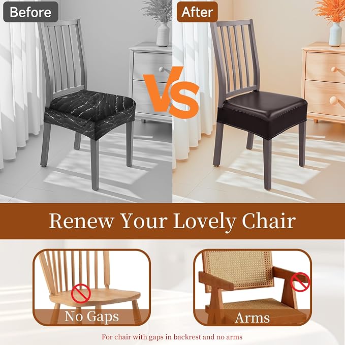 Waterproof Dining Chair Seat Covers Leather Kitchen Seat Covers, Stain Resistant Stretch Chair Seat Covers for Dining Room Chairs Set of 6, Rear Covered Washable Dining Chair Cover Dark Coffee