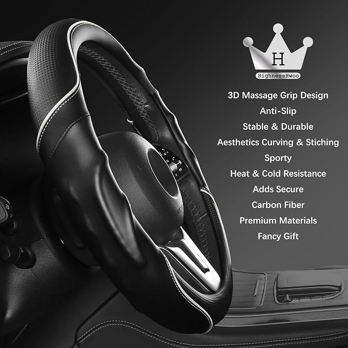 HighnessHwoo 3D Car Steering Wheel Cover Comfort Grip Massage Sporty Anti-Slip Carbon Fiber Faux Leather for F150, Trucks, Jeep, Van, Car Handle Covers for All Seasons, 15.2-16in, White
