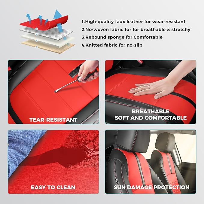 Seat Covers for Honda Civic Hatchback LX, EX, EXL, Sport, Touring, 2016-2021, Faux Leather Car Seats Cover Full Set Seatback Waterproof, Black Red (60/40 Split Seatback)