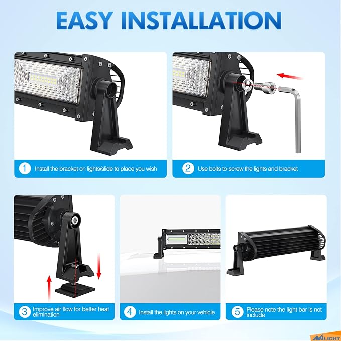 Nilight 2PCS Side-Mounted Brackets Universal Adjustable Mounting Brackets for LED Light Bar, 2 Years Warranty,Black
