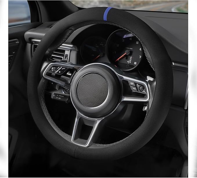 Suede Steering Wheel Cover with Upgraded Silicone Inner Ring, Breathable, Anti-Slip, Leather Universal 14.5 to 15 Inch Steering Wheel Cover (Black with Blue Mark)