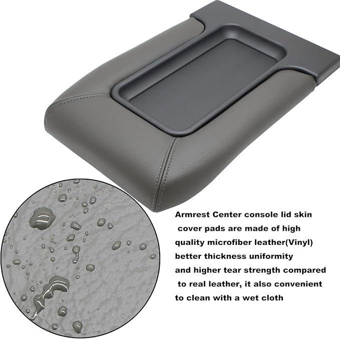 NHILES Center Console Lid Compatible with 1999-2007 Silverado Sierra | Fits 1999-2007 Avalanche Suburban Yukon Tahoe, Replaces OEM 19127364 19127365 19127366, Leather Cover, Dark Gray