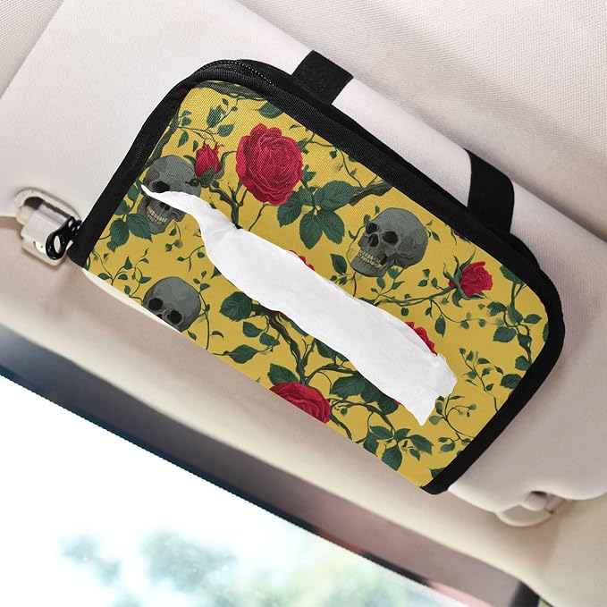 Car Tissue Holder Car Napkin Holder Tissue Box Dispenser Storage Case Sun Visor Mask Holder Accessories with Adjustable Straps Reusable Refillable Yellow Gothic Rose and Skull