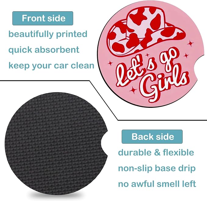 2 Pack Pink Cowgirls Car Cup Holder Coasters Universal Neoprene Coasters | 2.75" Universal Size Anti Slip Rubber Mat, Auto Cup Holder Decor Accessories for SUV Truck, Cowgirl Birthday Gift for Women