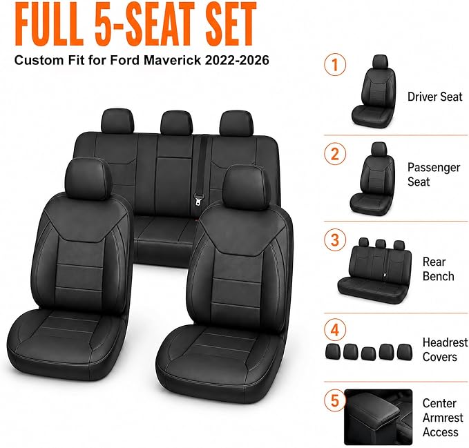 Mabett Seat Covers for Ford Maverick 5-Seat, Interior Protectors fit 2026 2022-2025 Maverick Accessories, Full Protection, Pu Leather (Black)