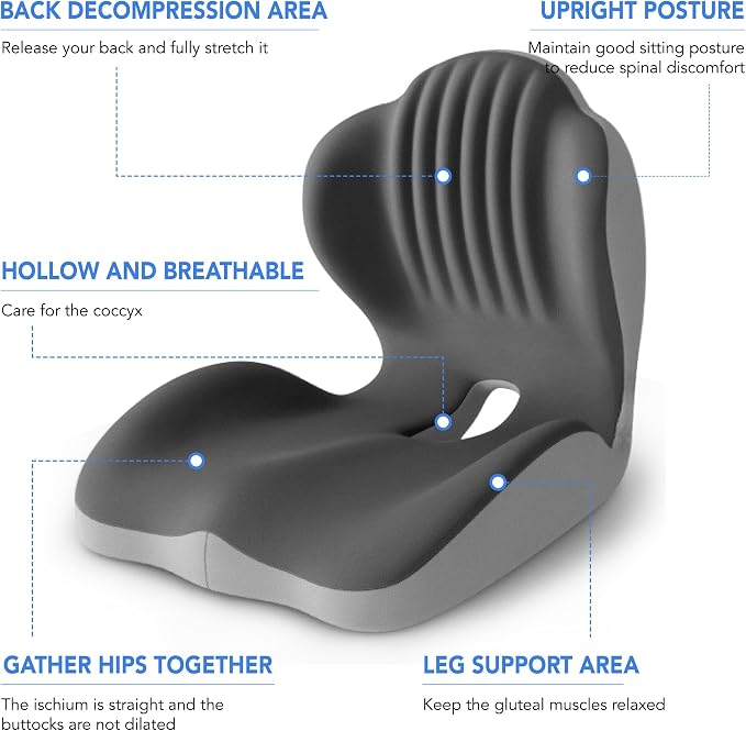 Ergonomic Waist Support and Seat Cushion, L-Shaped Memory Foam Pad, Hollow Design for Coccyx, Suitable for Office Chairs, Car Safety Seats and Household Use - Relieves Lower Back and Hip Pain (Grey)