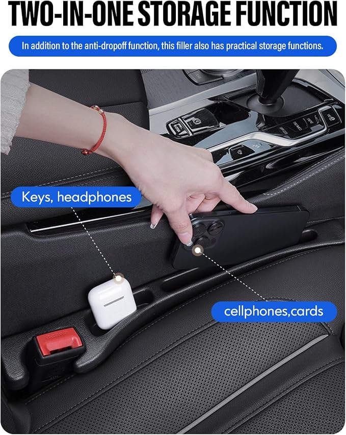 Car Seat Gap Filler, 2 Pack No-Drop Seat Side Gap Seam Filler Organizer with Phone Holder, Universal Fit Fill The Gap Between Seat and Console, Perfect for Car SUV Truck Black