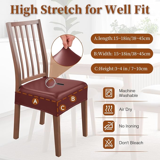 Waterproof Dining Chair Seat Covers Leather Kitchen Seat Covers, Stain Resistant Stretch Chair Seat Covers for Dining Room Chairs Set of 6, Rear Covered Washable Dining Chair Covers Wine Red