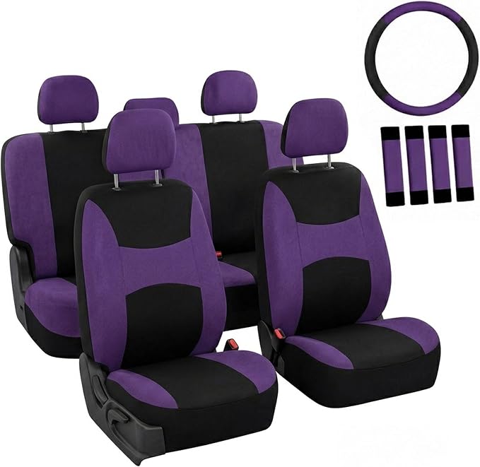 FH Group Full Set Car Seat Covers Cloth, Universal Fit combo, Set with Steering Wheel Cover and Seat Belt Pad fits Most Cars, SUVs, Trucks Purple