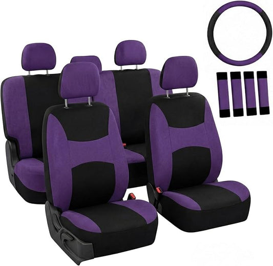 FH Group Full Set Car Seat Covers Cloth, Universal Fit combo, Set with Steering Wheel Cover and Seat Belt Pad fits Most Cars, SUVs, Trucks Purple