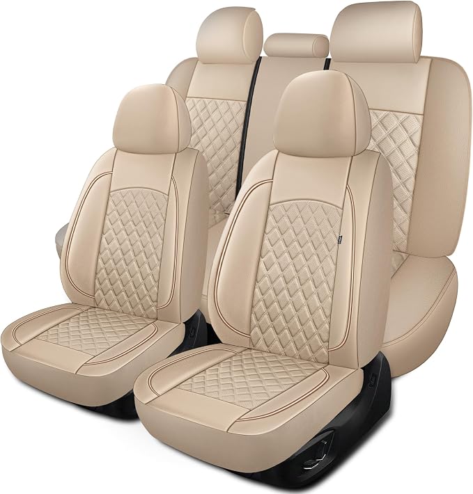 HChengkikz Car Seat Cover, Waterproof Nappa Leather (Beige) | Breathable, Airbag compatible, Easy to Install, Universal Fit for Most Cars, Sedans, SUVs, Vans, Trucks