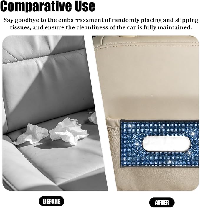 Bling Car Visor Tissue Holder, Shiny Rhinestone Leather Sun Visor Napkin Mask Case Holder Clip, Diamond AUT Paper Tissue Towel Box Dispenser, Universal Fit (Black/Blue)