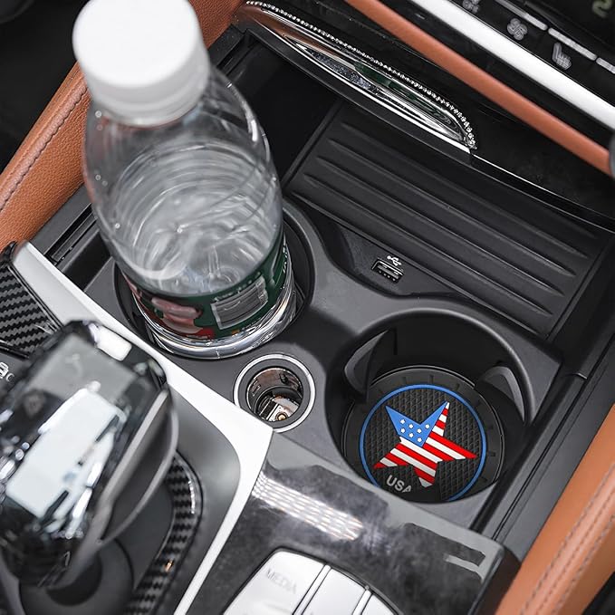 AUCELI 2 Pack Car Cup Holder Coasters, Colored American Flag US Flag Insert Car Cup Coaster, 2.75 Inch Anti Slip Shockproof Embedded Drink Mat, Vehicle Interior Decor Accessories