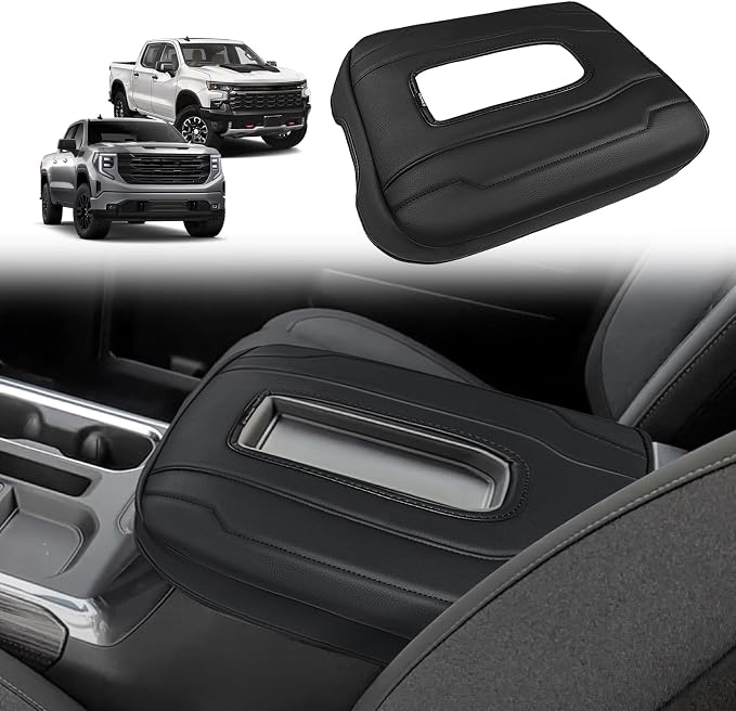 Muslogy Center Console Armrest Cover Fit for Chevy Silverado & GMC Sierra 1500 2500 3500 2022-2026 Accessories, Comfort Armrest Pad Console Lid Cushion Vegan Leather Regular Thick(Bucket Seat ONLY)