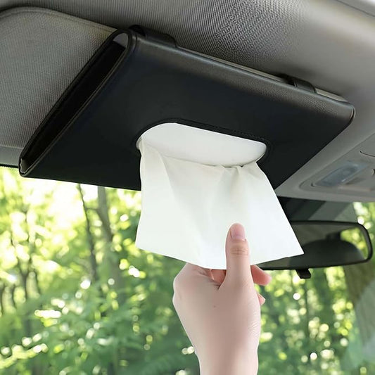 Car Tissue Holder, Car Sun Visor Napkin Box, Premium PU Leather, Auto Napkin Case, Mask Holder for Vehicle, with Tissue Refill, Interior Accessories, Black