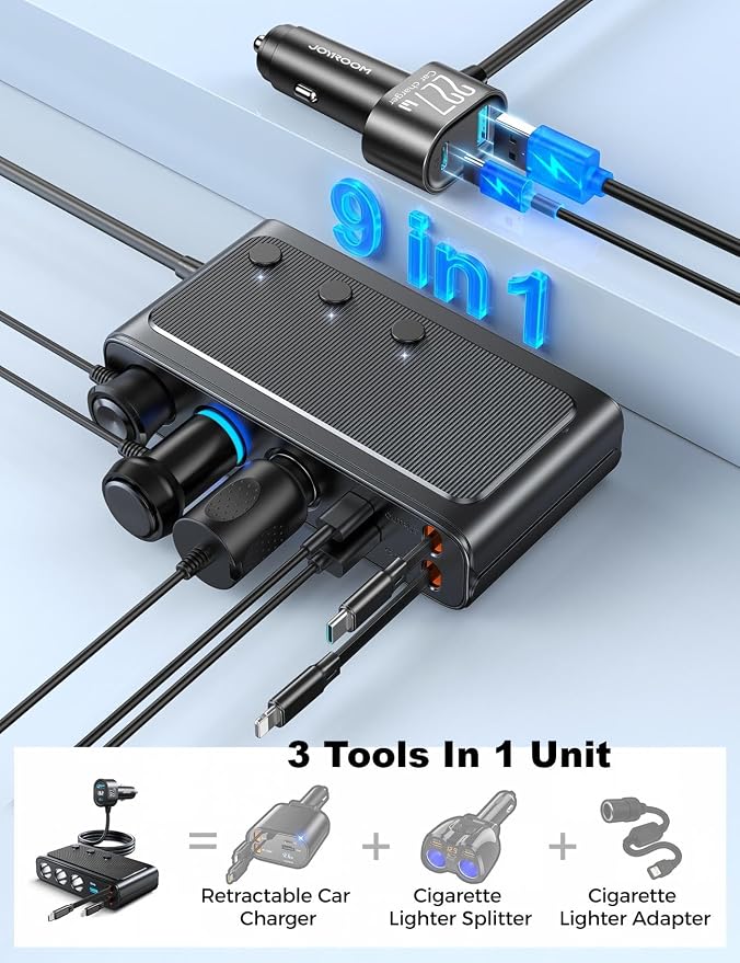 227W 9 in 1 Cigarette Lighter Splitter, PD36W *2 & QC3.0 Fast Car Charger | Retractable USB C Fast Charger, 12V/24V Car Charger, 31.5IN Retractable Cords & 39.6IN Extension Cord, LED Voltage Display