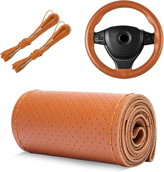Genuine Leather Steering Wheel Cover, 15 Inch Stitch on Wheel Wrap with Needles & Threads, Breathable Steering Wheel Protector DIY Sewing Wrap for Car Truck SUV (Brown, Full Hole)