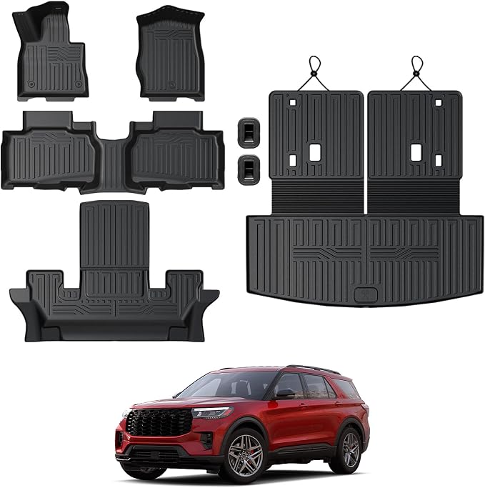 Floor Mats for Ford Explorer 6-Seater 2020-2026, All Weather Floor Mats Trunk Cargo Liner with Backrest Protectors Accessories, Full Coverage Set