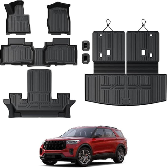 Floor Mats for Ford Explorer 6-Seater 2020-2026, All Weather Floor Mats Trunk Cargo Liner with Backrest Protectors Accessories, Full Coverage Set