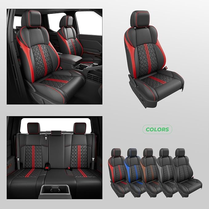 Custom Seat Covers for Tacoma 4th Gen 2024 2025 2026 Double Cab SR5/TRD Sport/TRD Off-Road/SR Full Set with Console Covers, Waterproof Leather Back and Front Seat Protectors Black Red